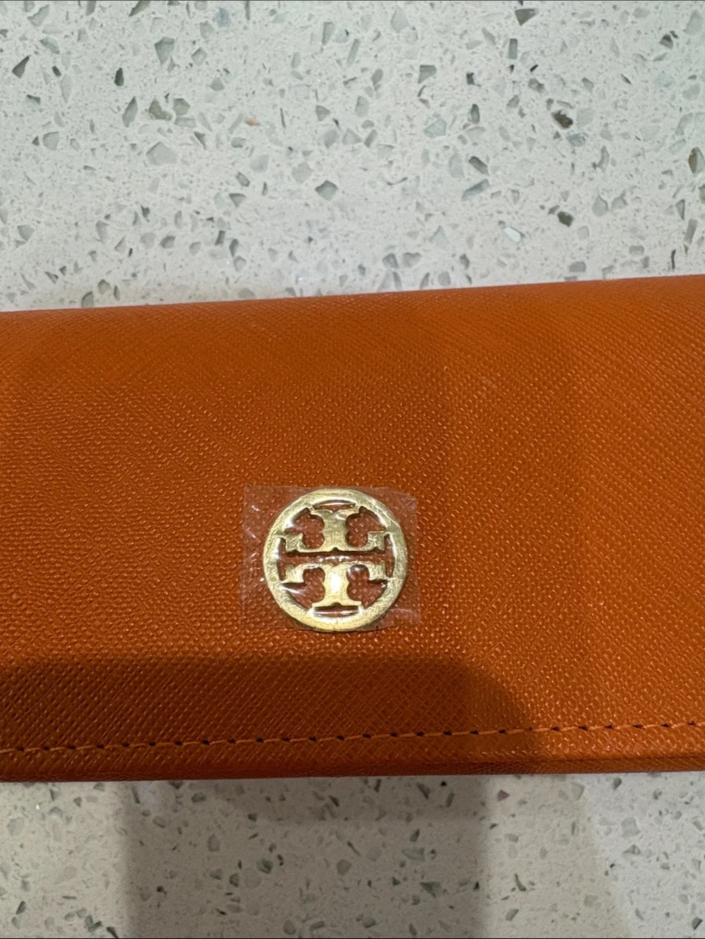 Tory Burch Orange Saffiano Leather Cosmetic Case with Gold Logo